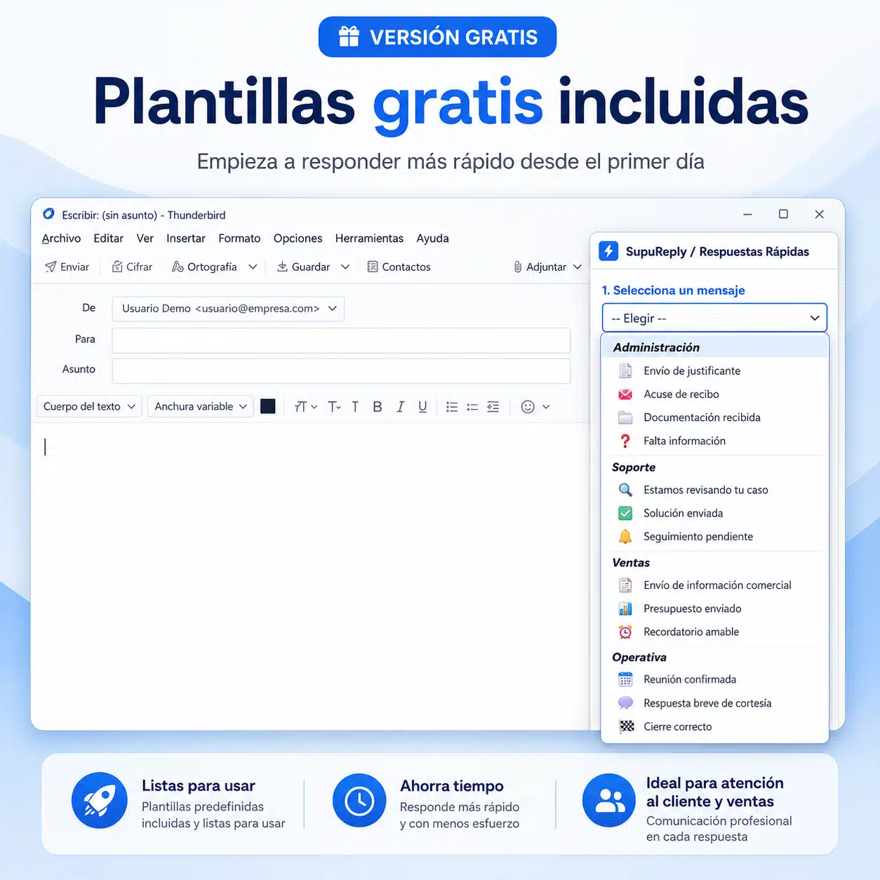 Pack inicial de respuestas predefinidas en SupuReply para Thunderbird