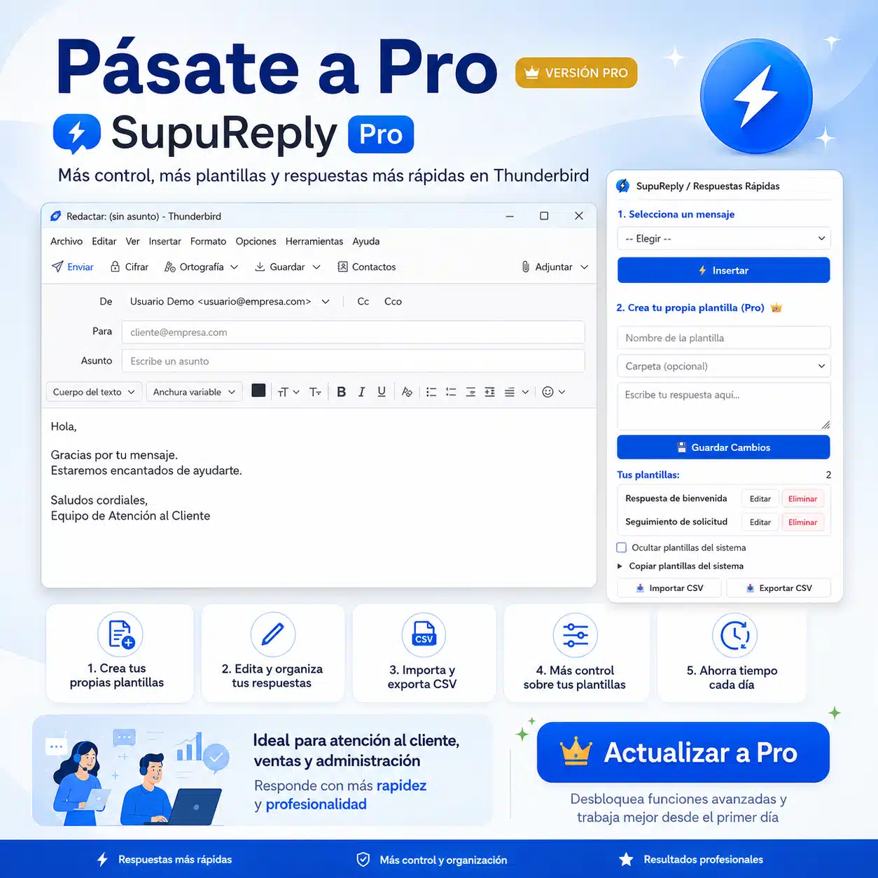 SupuReply Pro: plantillas ilimitadas y variables dinámicas en Thunderbird