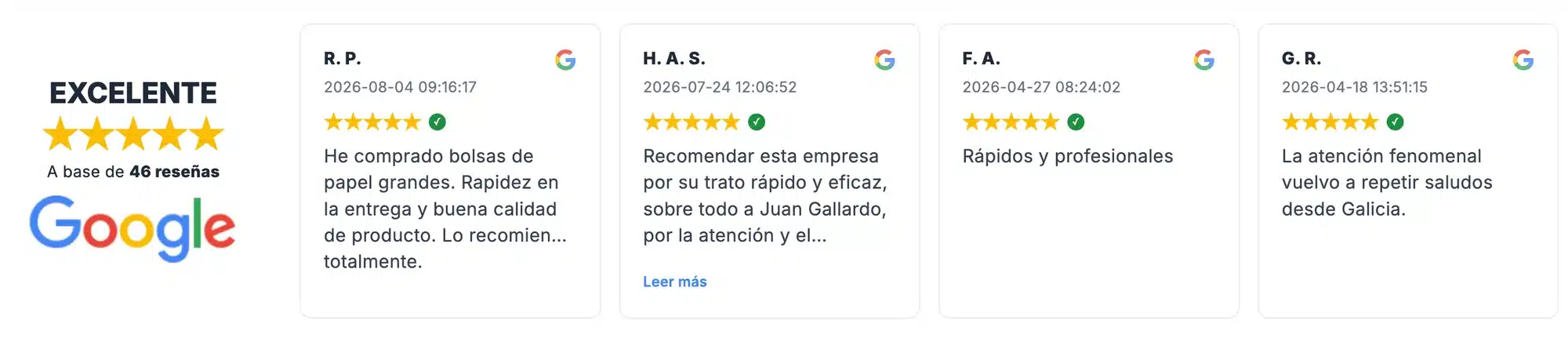 Franja de reseñas de Google en una tienda: valoración Excelente, cinco estrellas sobre 46 reseñas y tarjetas de opiniones